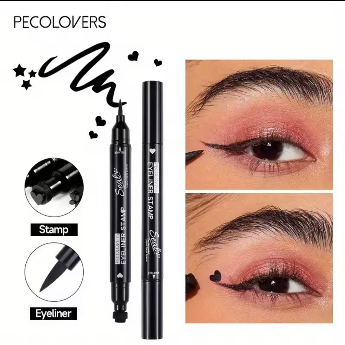 2 In 1 Black Liquid Eyeliner Double-head Moon Stamp Eye Liner Pencil Quick Dry Non-Smudge Long