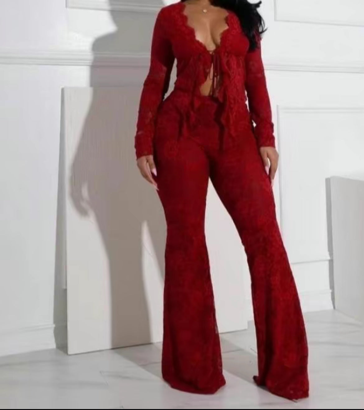Sexy lace up hollow cardigan long sleeve shirt lace pants two piece set women