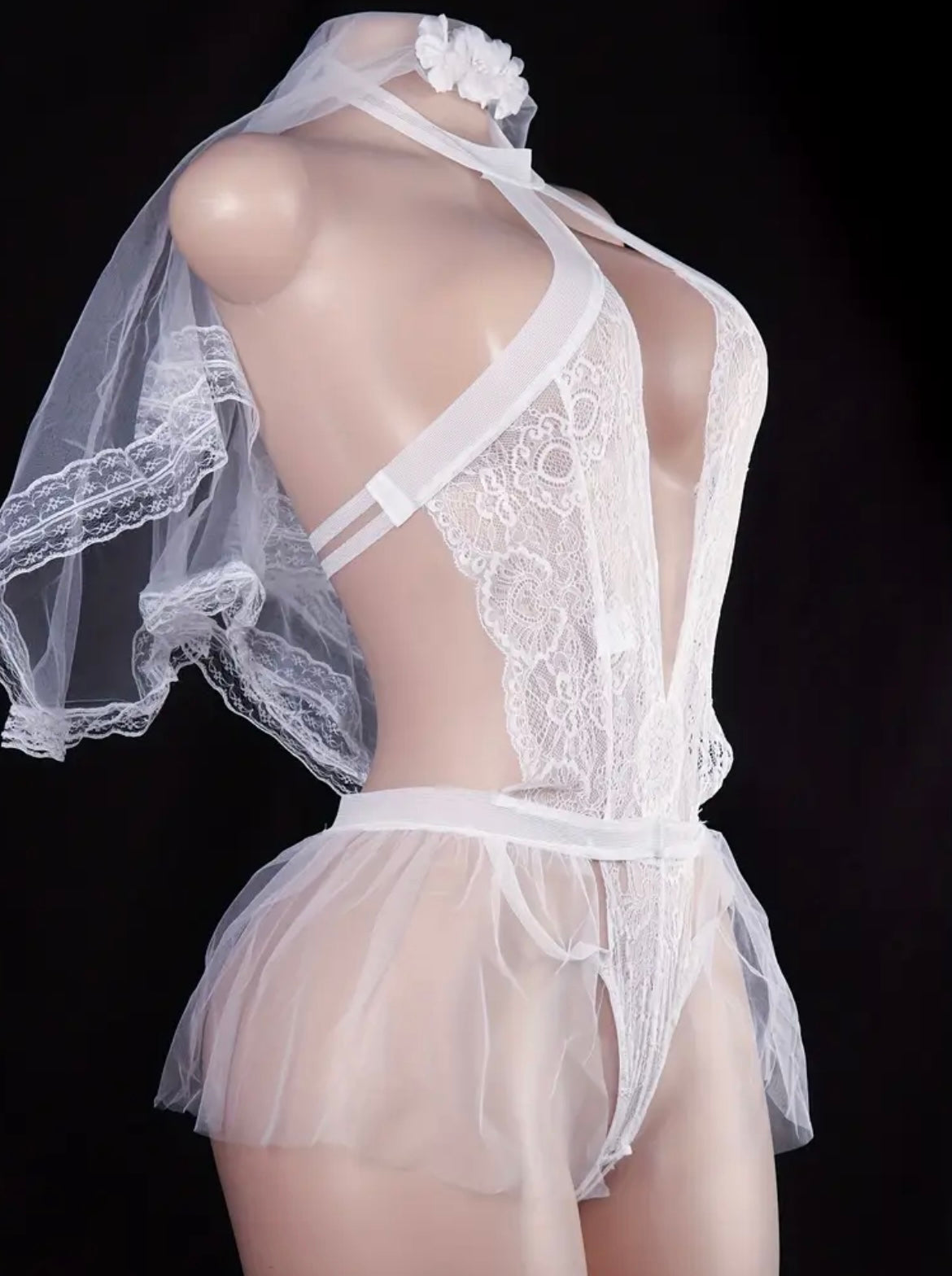 Bride'S Lace-up Nightgown Set - White Lace Socks + Sheer Mesh Uniform, Pure Desire Sexy Lingerie