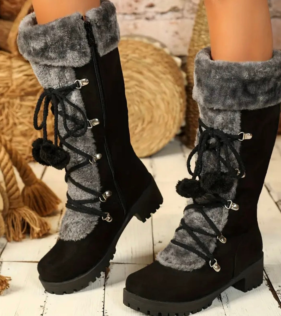 Elegant Women's Winter Faux Fur-Lined Knight Boots - Warm Mid-Calf Snow Boots with Chunky Heel, Pom-Pom Accents & Side Zipper | Cozy Thermal Insulated Riding Boots for Cold Weather, Winter Boots