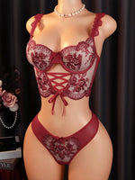 Two-Piece Women'S Lingerie Set with Sexy Lace Bra and Panties - Adjustable Straps, Multiple Hook Back, Comfortable Sleepwear, Front Tie and Floral Embroidery, Valentine'S Day Gift for Her, Wife, Lover