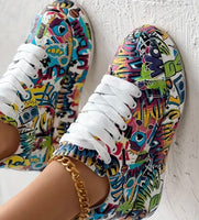 Womens Graffiti Art Sneakers - Stylish Lace-Up Platform Shoes with Comfortable Low Top Design - Perfect for Sports & Casual Wear - Fashionable Skate Style