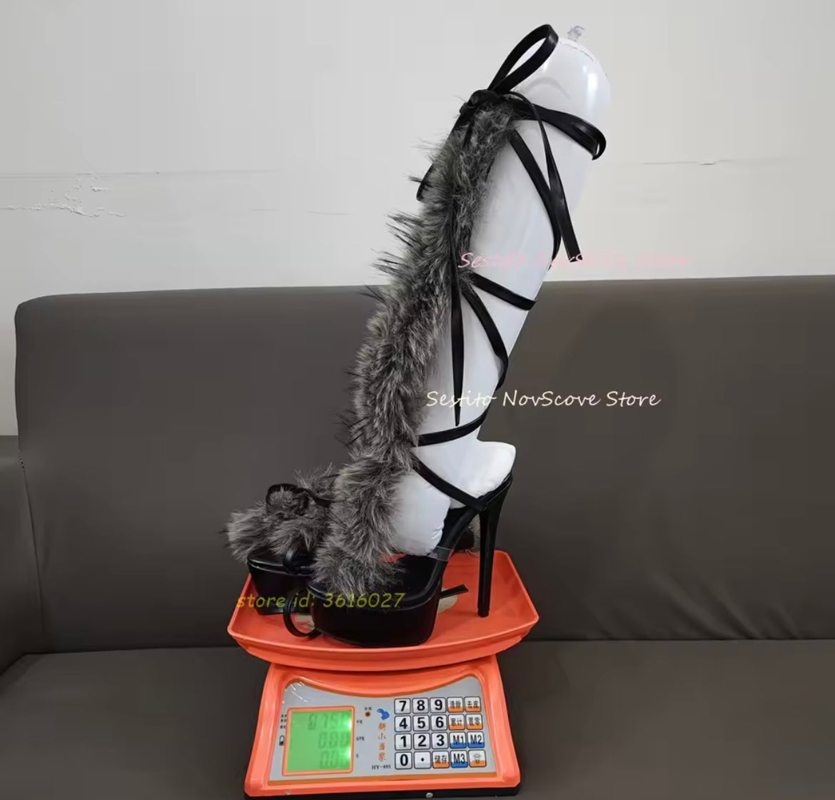 Open Toe Furry Knee High Sandals Boots Platform Stiletto High Heel Cutouts Strappy Summer Sexy Heels