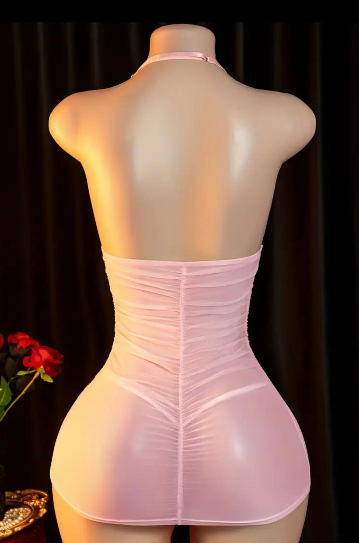 Sexy Lingerie, Pink Soft Ggauze Form-fitting Nightgown, Halter Neck Openwork See-through Sress with Thong Panties, Sexy Lingerie for Women Plus Size, Erotic Lingerie, Sassy Lingerie for Women Horny, Lingerie Dress, Womens Lingerie