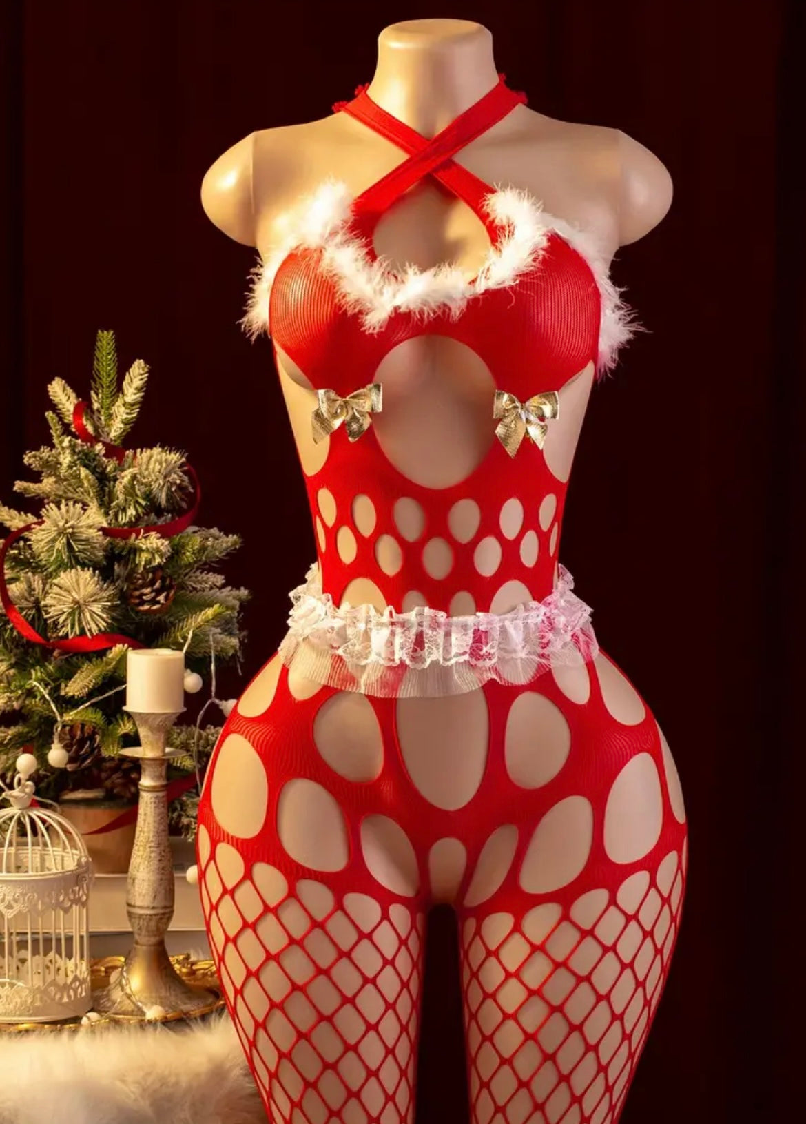 Women's Christmas Lingerie Jumpsuit - Off-Shoulder Grid Pattern Red & White Sheer Bodysuit with Lace Trim & Ruffled Details for Holiday Flirting & Intimate Nights