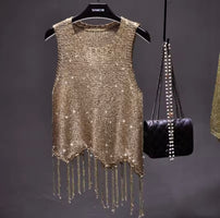 Sexy Shiny Gold Silver Knitted Tank Tops Women Bling Bling Sequined Tassels Knitted Vest Store
