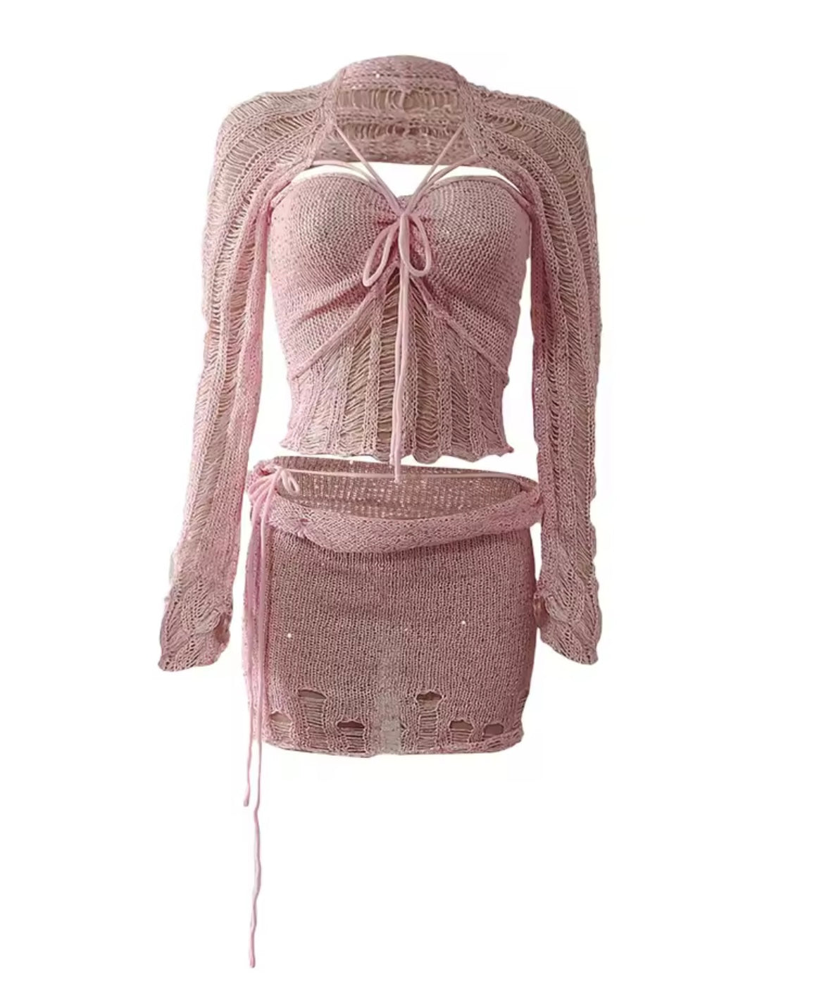 Crochet Knitted Dress 2 Piece Skirt Sets with Beaded Detailing and Flared Sleeves for Stylish Outfits