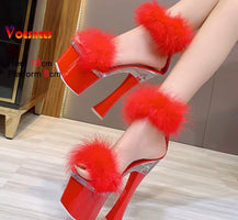 2025 Summer Fashion Fur Women Sandals Peep Toe High Heel 18CM Shoes Elegant Platform Female