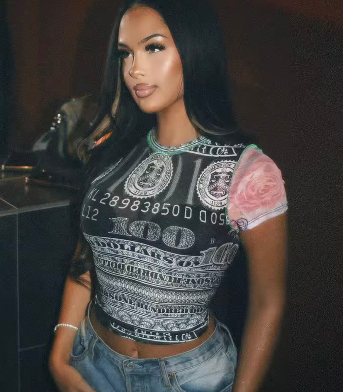 Weird Puss See Through Crop Tops Women Numeral Print Short Sleeve O-Neck Sexy Club Patchwork Shirt