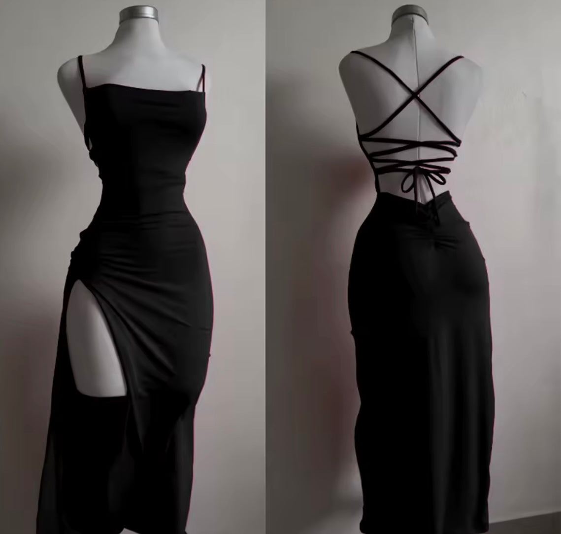 Summer Black New Dress Women Fashion Sexy Split Sleeveless Backless Slim Maxi Dress