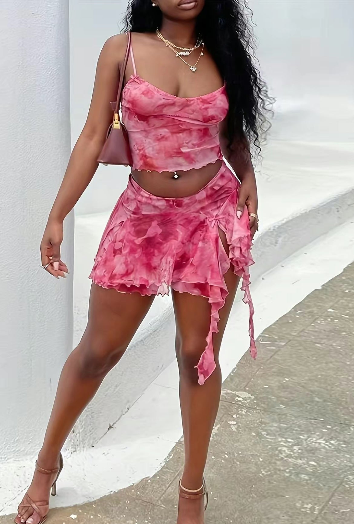 Two Pieces Women’s Set,All Over Print Crop Cami Top and Split Hem Skirt