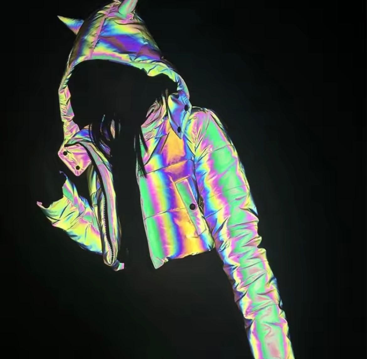 Winter Women Rainbow Reflective Horn Hooded Parkas Down Bubble Coat Puffer Jacket