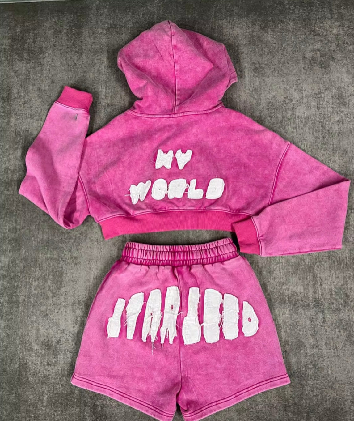 Matching Embroidery Track Jogging Sweat Suit with Acid Wash Crop Tracksuit