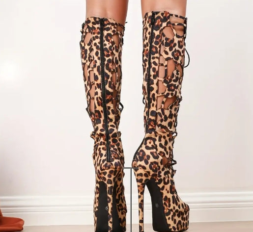Women'S Leopard Print High-Heel Knee-High Boots - 6.3inch Stiletto, Open Toe, Zip Closure, All-Season Fashion Boots, Stylish Accessories|