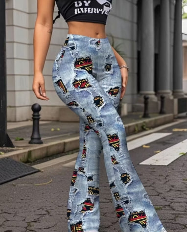 Women'S Elegant Flare Leg Pants - Stretchy Bell Bottoms with All-Over Print, Non-Slip Grip,