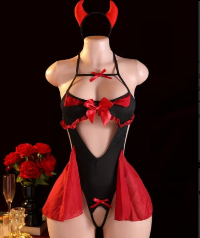 Sexy Little Devil Costume - Sexy Devil Outfit with Lace-Up Front, Off-Shoulder Bodysuit, & Red Bows - Halloween Party,