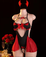 Sexy Little Devil Costume - Sexy Devil Outfit with Lace-Up Front, Off-Shoulder Bodysuit, & Red Bows - Halloween Party,