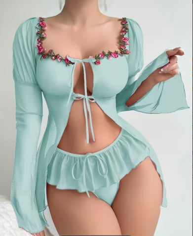 Chest with Flared Sleeves, Elegant And Comfortable Camisole Skirt And Thong Underwear, Bedtime Outfit, Sleepwear Set, Crochet Details, Elegant Design, Breathable Material, Soft Fabric,