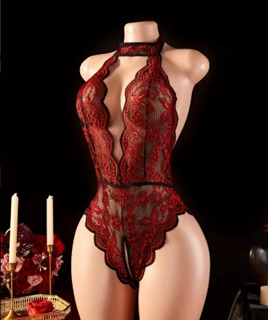 Hanging neck lace contrasting sexy lingerie Women's erotic clothing without crotch deep V