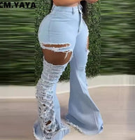 Women Streetwear Ripped Out Tassel Hollow Out Cargo Flare Denim Pants 2024 Autumn INS Fashion OL Casual Jeans