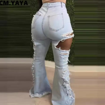 Women Streetwear Ripped Out Tassel Hollow Out Cargo Flare Denim Pants 2024 Autumn INS Fashion OL Casual Jeans