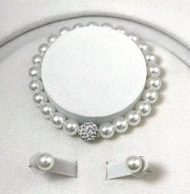 Set of 3 pcs of imitation pearls, fireball necklace, bracelet, earring, jewelry set with pin, silver color crystal stone, elegant bridal jewelry