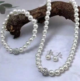 Set of 3 pcs of imitation pearls, fireball necklace, bracelet, earring, jewelry set with pin, silver color crystal stone, elegant bridal jewelry