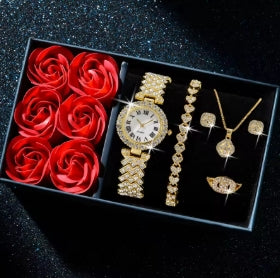 Luxury gold wristwatch for women, set of 6 pcs., quartz wristwatch with diamonds for women, Valentine's Day gift for Mother's Day