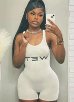 Strange cat letter print romper for women, casual sleeveless sporty fitted jumpsuit with low neck and elastic activity, tight short jumpsuits
