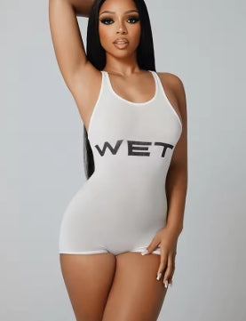 Strange cat letter print romper for women, casual sleeveless sporty fitted jumpsuit with low neck and elastic activity, tight short jumpsuits