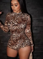 Leopard and strange cat print romper for women, autumn Hipster trend, long sleeve, round neck, fitted elastic streetwear
