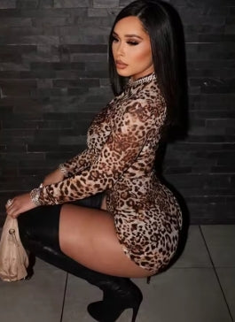 Leopard and strange cat print romper for women, autumn Hipster trend, long sleeve, round neck, fitted elastic streetwear