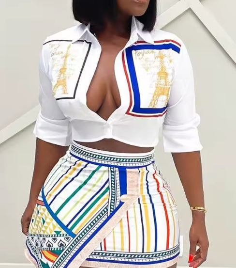 Two Piece Set Women Outfit 2024 Summer Fashion Graphic Print Buttoned Turn-Down Collar Shirt & Striped Asymmetrical Skirt Set