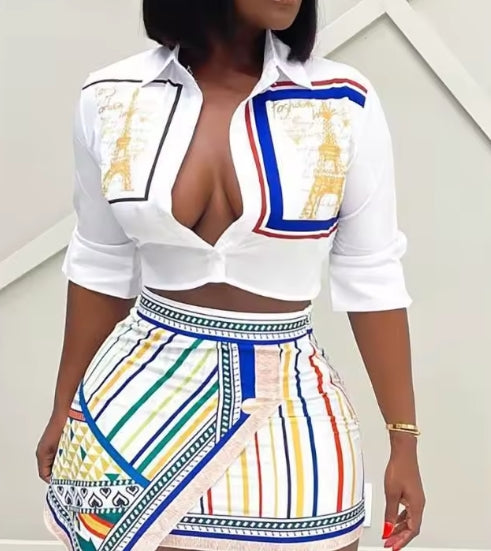 Two Piece Set Women Outfit 2024 Summer Fashion Graphic Print Buttoned Turn-Down Collar Shirt & Striped Asymmetrical Skirt Set