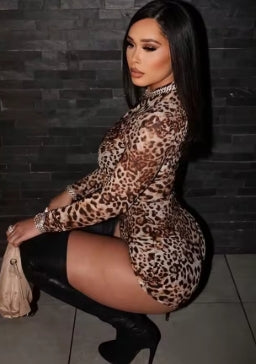 Leopard and strange cat print romper for women, autumn Hipster trend, long sleeve, round neck, fitted elastic streetwear