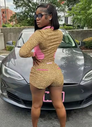 Weird Puss Casual Women 2 Piece Set Tracksuit Leopard Print Patchwork Zip Crop Jacket+Shorts Sporty Stretch Streetwear Outfits