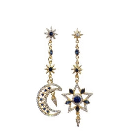 Elegant silver color asymmetrical earrings in the shape of a star and moon, long earrings with shiny tassels, personalized jewelry