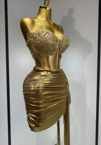 Women Sexy Strapless Sequins Rhinestone Gold Dress Glitter Top Two Pieces Sets Birthday Evening Party Club Singer Stage Outfit