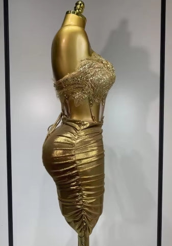 Women Sexy Strapless Sequins Rhinestone Gold Dress Glitter Top Two Pieces Sets Birthday Evening Party Club Singer Stage Outfit