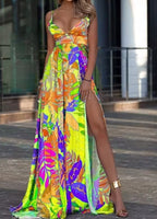 Color Print Spaghetti Strap Long Dresses Women Sexy Deep V-neck Backless Slit Dress Fashion Bohemian Beach Vacation Maxi Vestido