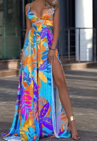 Color Print Spaghetti Strap Long Dresses Women Sexy Deep V-neck Backless Slit Dress Fashion Bohemian Beach Vacation Maxi Vestido