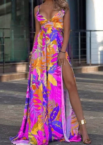 Color Print Spaghetti Strap Long Dresses Women Sexy Deep V-neck Backless Slit Dress Fashion Bohemian Beach Vacation Maxi Vestido