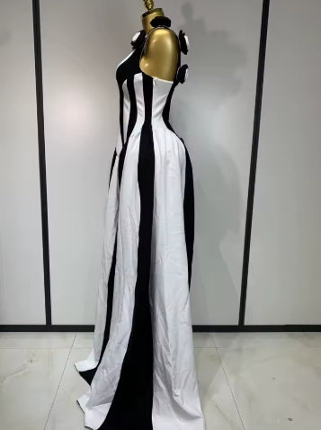 Sexy High fork Sleeveless Bandage Dress Women Flower Black White Stripe Long Dresses Vacation Party Elegangt Party Club Dresses