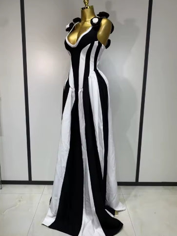Sexy High fork Sleeveless Bandage Dress Women Flower Black White Stripe Long Dresses Vacation Party Elegangt Party Club Dresses