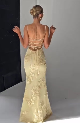 Pale Yellow Print Backless Bandage Dress Women Chic Sleeveless Off Shoulder High Waist Slim Fit Robes Lady Evening Party Gowns