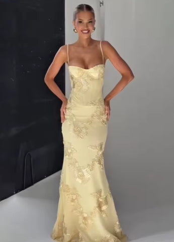 Pale Yellow Print Backless Bandage Dress Women Chic Sleeveless Off Shoulder High Waist Slim Fit Robes Lady Evening Party Gowns