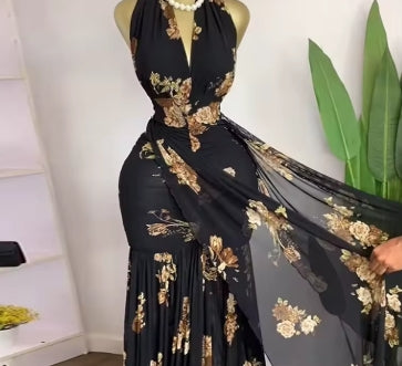 CM.YAYA Women Halter V-neck Backless Floral Sleeveless Ruffles Ruched Maxi Long Dress 2025 Vacation Sexy Party Evening Dresses