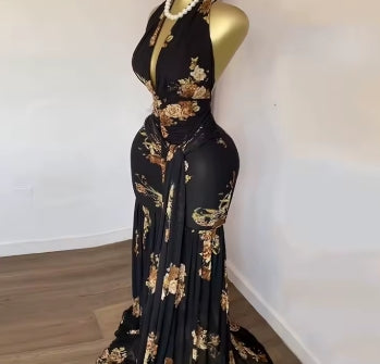 CM.YAYA Women Halter V-neck Backless Floral Sleeveless Ruffles Ruched Maxi Long Dress 2025 Vacation Sexy Party Evening Dresses