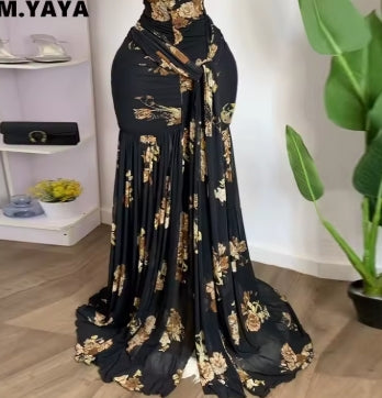 CM.YAYA Women Halter V-neck Backless Floral Sleeveless Ruffles Ruched Maxi Long Dress 2025 Vacation Sexy Party Evening Dresses