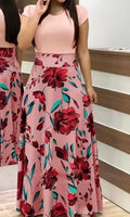 2024 European and American style flower print color matching short sleeved dress for women's large swing skirt